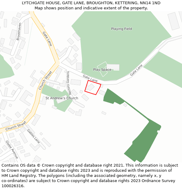 LYTCHGATE HOUSE, GATE LANE, BROUGHTON, KETTERING, NN14 1ND: Location map and indicative extent of plot