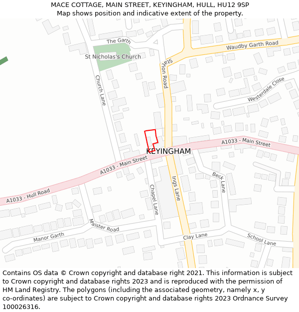 MACE COTTAGE, MAIN STREET, KEYINGHAM, HULL, HU12 9SP: Location map and indicative extent of plot