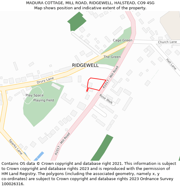 MADURA COTTAGE, MILL ROAD, RIDGEWELL, HALSTEAD, CO9 4SG: Location map and indicative extent of plot