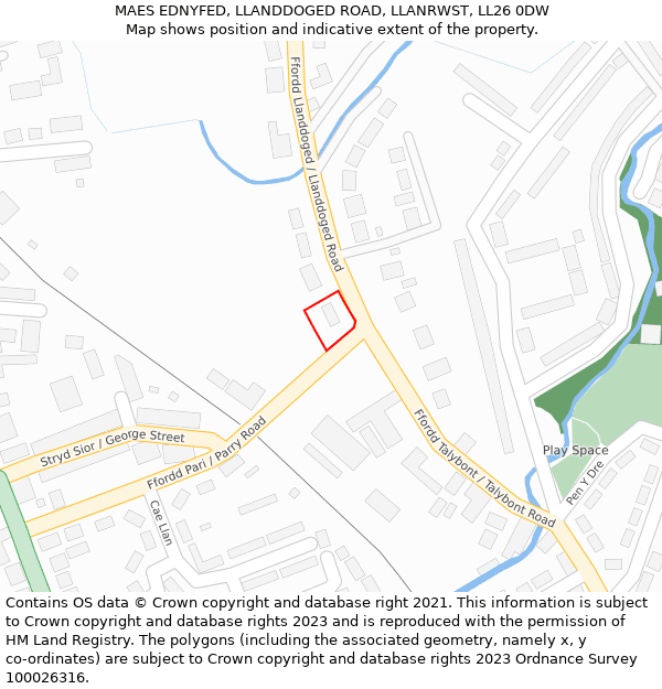 MAES EDNYFED, LLANDDOGED ROAD, LLANRWST, LL26 0DW: Location map and indicative extent of plot
