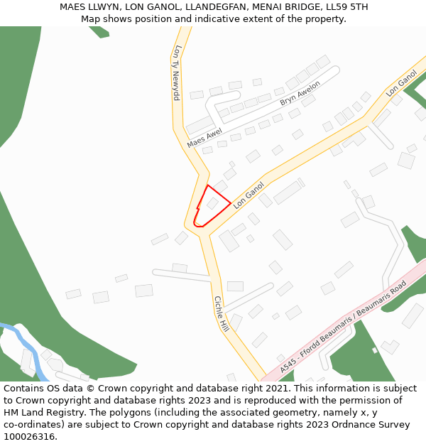 MAES LLWYN, LON GANOL, LLANDEGFAN, MENAI BRIDGE, LL59 5TH: Location map and indicative extent of plot