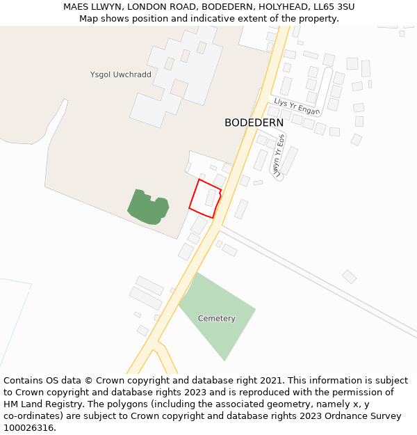 MAES LLWYN, LONDON ROAD, BODEDERN, HOLYHEAD, LL65 3SU: Location map and indicative extent of plot