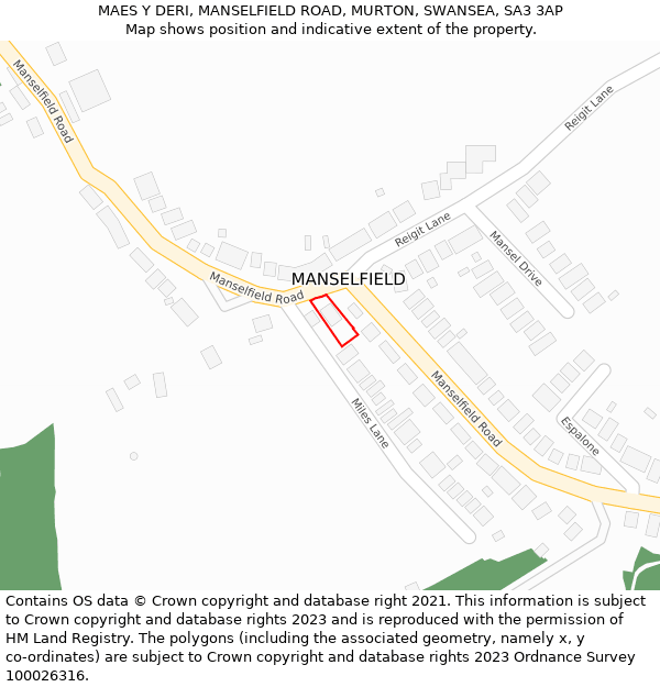 MAES Y DERI, MANSELFIELD ROAD, MURTON, SWANSEA, SA3 3AP: Location map and indicative extent of plot