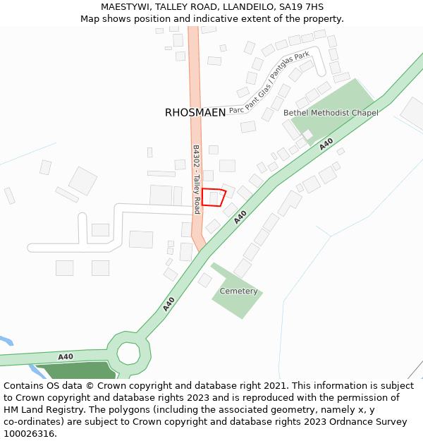 MAESTYWI, TALLEY ROAD, LLANDEILO, SA19 7HS: Location map and indicative extent of plot