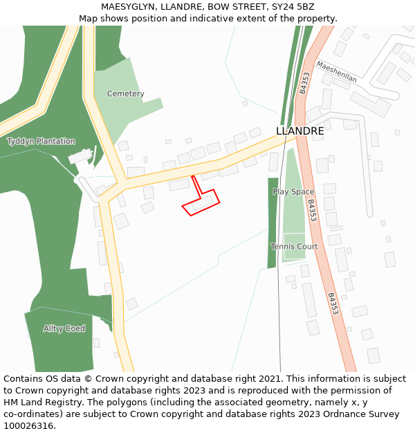 MAESYGLYN, LLANDRE, BOW STREET, SY24 5BZ: Location map and indicative extent of plot