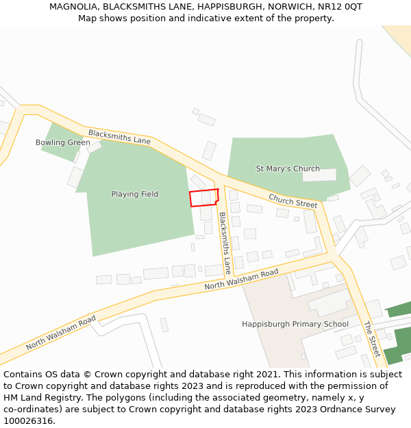 MAGNOLIA, BLACKSMITHS LANE, HAPPISBURGH, NORWICH, NR12 0QT: Location map and indicative extent of plot