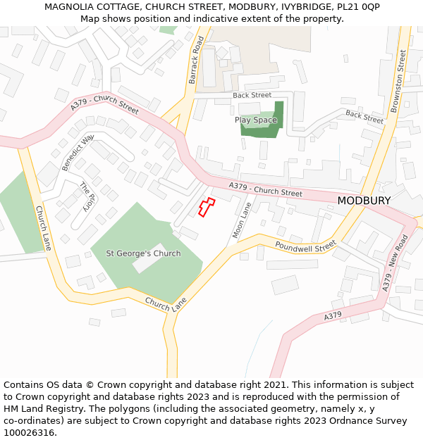 MAGNOLIA COTTAGE, CHURCH STREET, MODBURY, IVYBRIDGE, PL21 0QP: Location map and indicative extent of plot