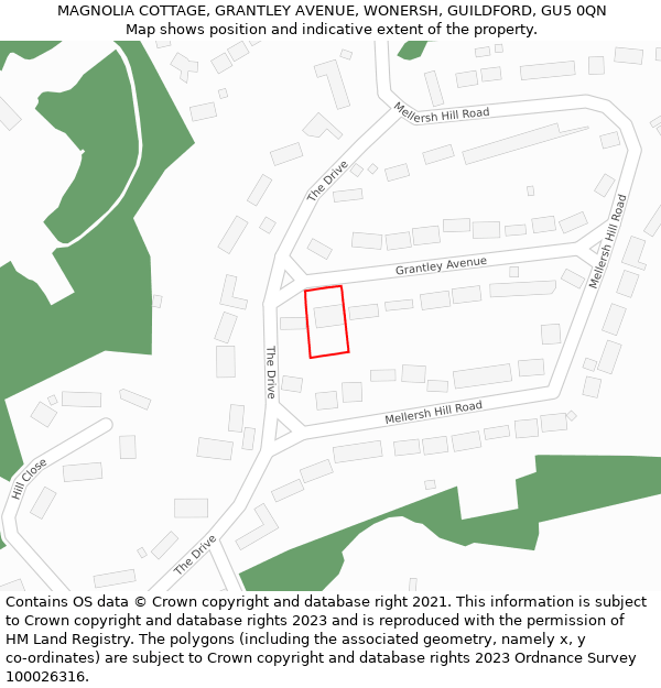 MAGNOLIA COTTAGE, GRANTLEY AVENUE, WONERSH, GUILDFORD, GU5 0QN: Location map and indicative extent of plot