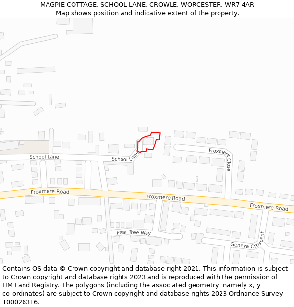 MAGPIE COTTAGE, SCHOOL LANE, CROWLE, WORCESTER, WR7 4AR: Location map and indicative extent of plot