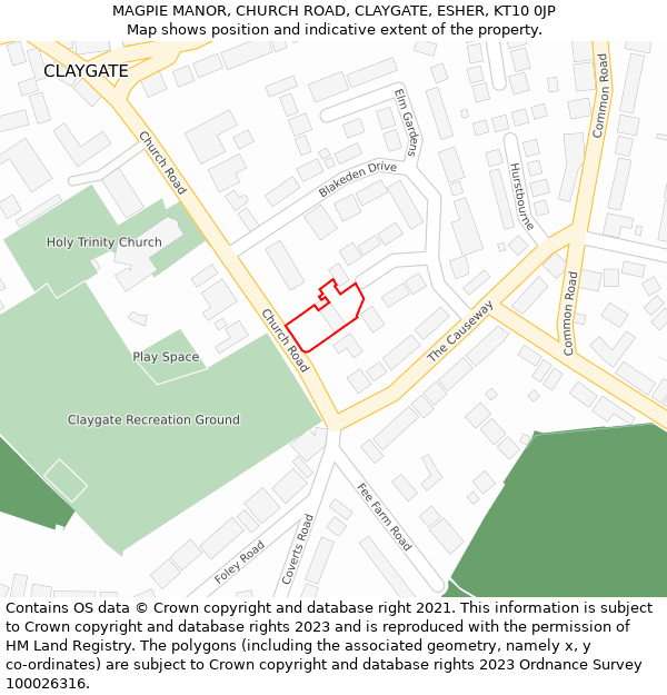 MAGPIE MANOR, CHURCH ROAD, CLAYGATE, ESHER, KT10 0JP: Location map and indicative extent of plot