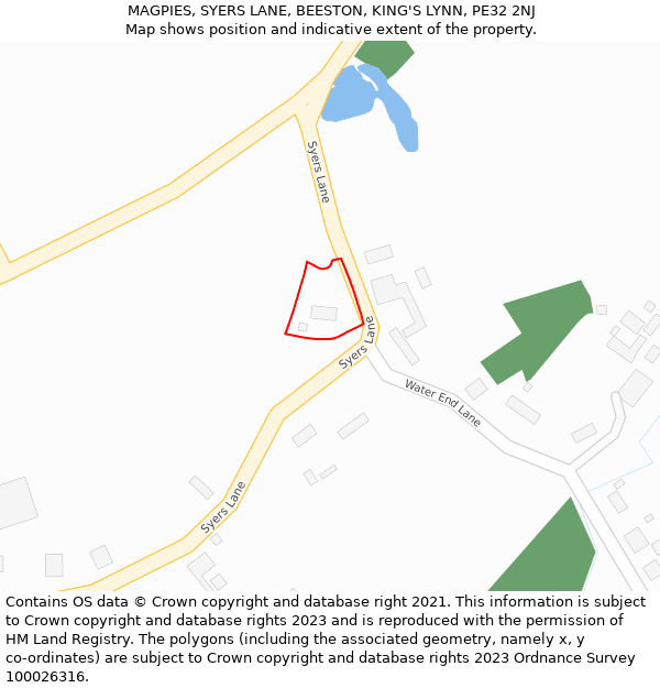 MAGPIES, SYERS LANE, BEESTON, KING'S LYNN, PE32 2NJ: Location map and indicative extent of plot