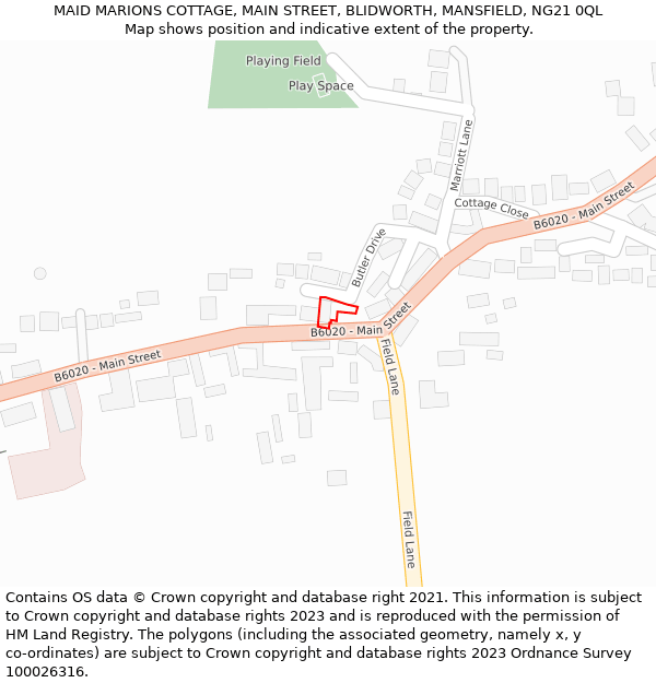 MAID MARIONS COTTAGE, MAIN STREET, BLIDWORTH, MANSFIELD, NG21 0QL: Location map and indicative extent of plot