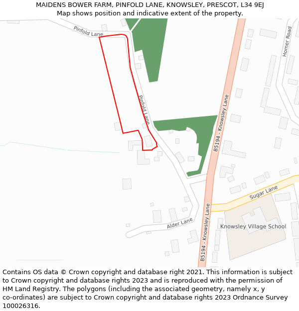 MAIDENS BOWER FARM, PINFOLD LANE, KNOWSLEY, PRESCOT, L34 9EJ: Location map and indicative extent of plot