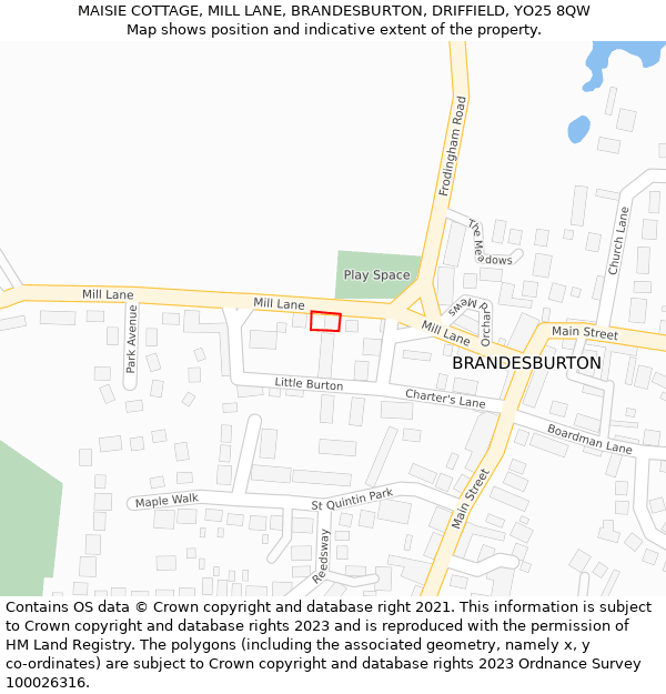 MAISIE COTTAGE, MILL LANE, BRANDESBURTON, DRIFFIELD, YO25 8QW: Location map and indicative extent of plot
