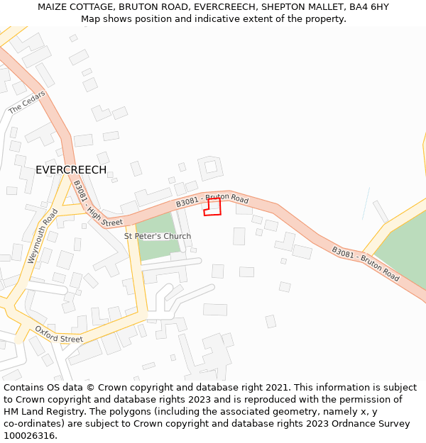 MAIZE COTTAGE, BRUTON ROAD, EVERCREECH, SHEPTON MALLET, BA4 6HY: Location map and indicative extent of plot