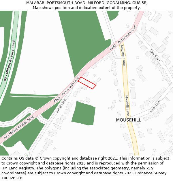 MALABAR, PORTSMOUTH ROAD, MILFORD, GODALMING, GU8 5BJ: Location map and indicative extent of plot