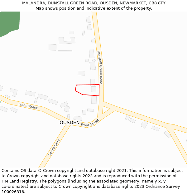 MALANDRA, DUNSTALL GREEN ROAD, OUSDEN, NEWMARKET, CB8 8TY: Location map and indicative extent of plot