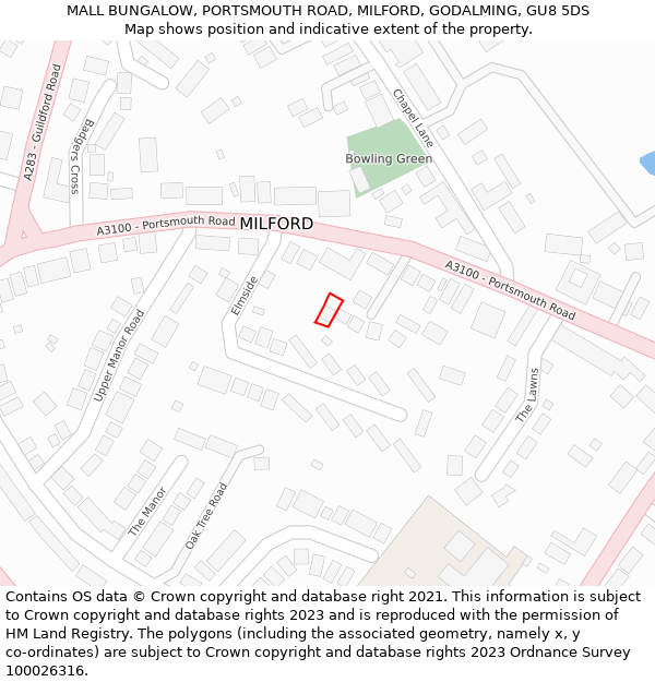 MALL BUNGALOW, PORTSMOUTH ROAD, MILFORD, GODALMING, GU8 5DS: Location map and indicative extent of plot