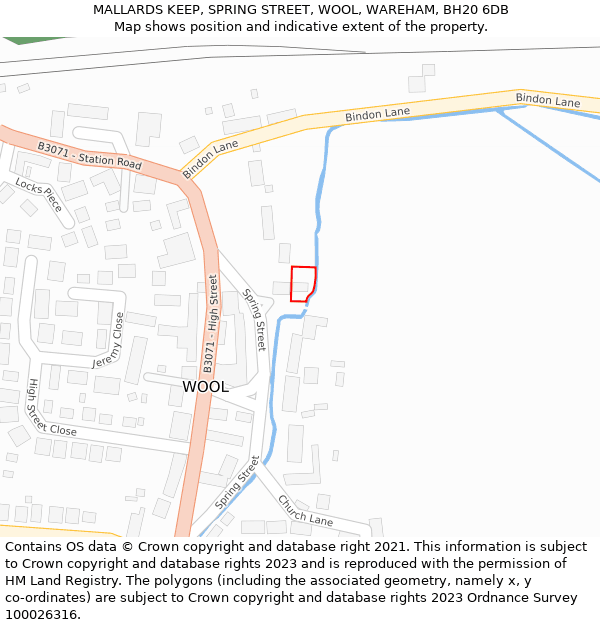 MALLARDS KEEP, SPRING STREET, WOOL, WAREHAM, BH20 6DB: Location map and indicative extent of plot