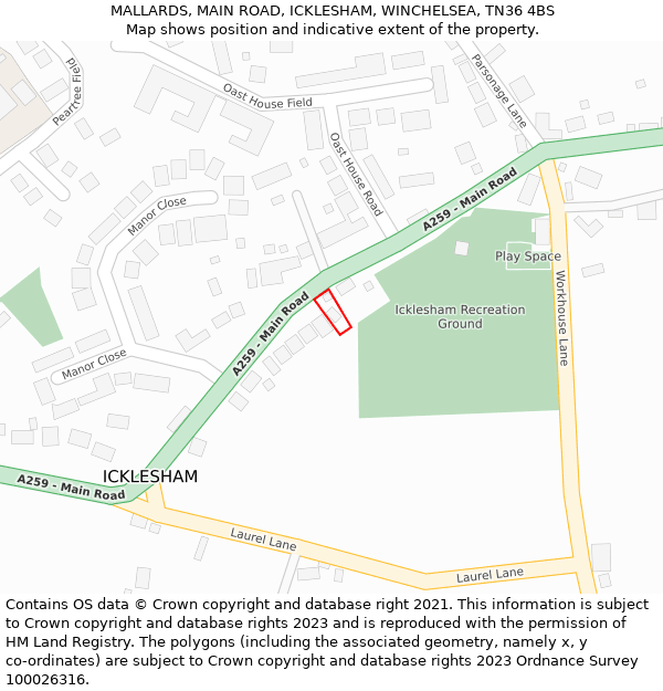 MALLARDS, MAIN ROAD, ICKLESHAM, WINCHELSEA, TN36 4BS: Location map and indicative extent of plot