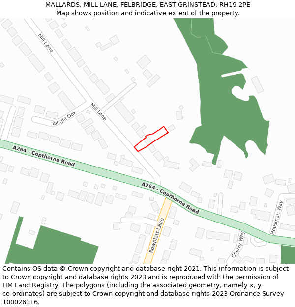 MALLARDS, MILL LANE, FELBRIDGE, EAST GRINSTEAD, RH19 2PE: Location map and indicative extent of plot