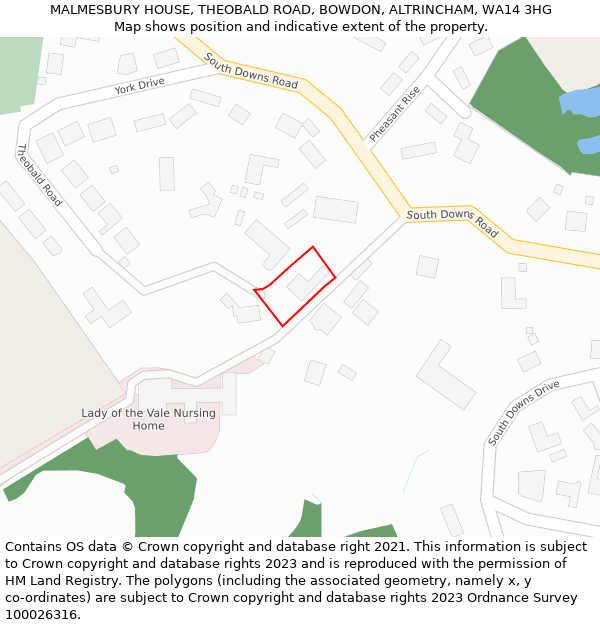 MALMESBURY HOUSE, THEOBALD ROAD, BOWDON, ALTRINCHAM, WA14 3HG: Location map and indicative extent of plot