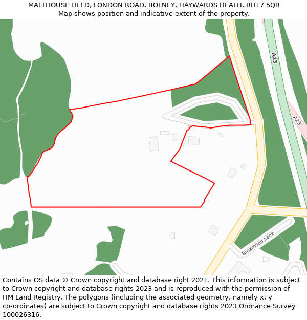 MALTHOUSE FIELD, LONDON ROAD, BOLNEY, HAYWARDS HEATH, RH17 5QB: Location map and indicative extent of plot