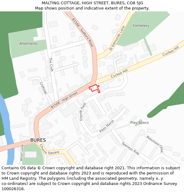 MALTING COTTAGE, HIGH STREET, BURES, CO8 5JG: Location map and indicative extent of plot