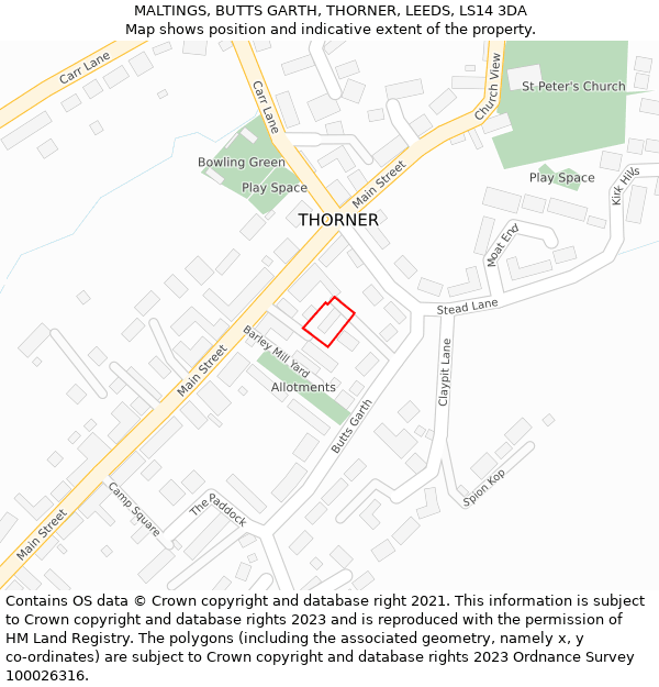 MALTINGS, BUTTS GARTH, THORNER, LEEDS, LS14 3DA: Location map and indicative extent of plot