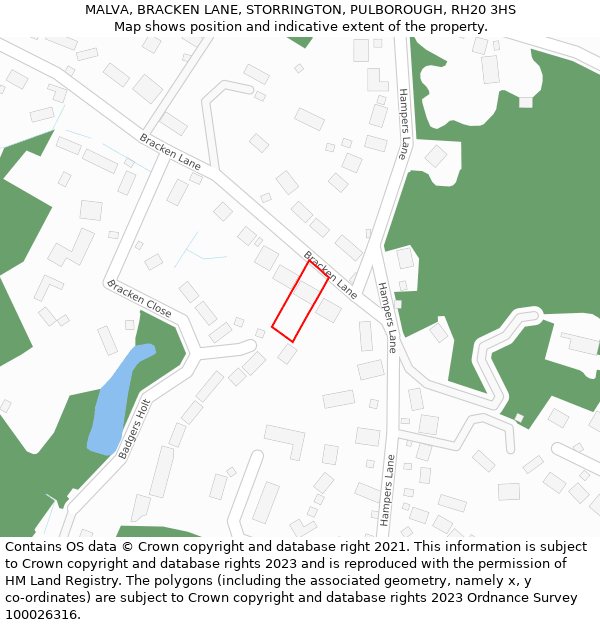 MALVA, BRACKEN LANE, STORRINGTON, PULBOROUGH, RH20 3HS: Location map and indicative extent of plot