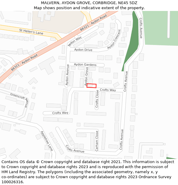 MALVERN, AYDON GROVE, CORBRIDGE, NE45 5DZ: Location map and indicative extent of plot