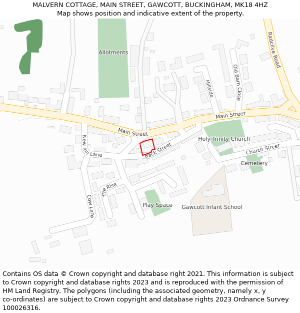 MALVERN COTTAGE, MAIN STREET, GAWCOTT, BUCKINGHAM, MK18 4HZ: Location map and indicative extent of plot