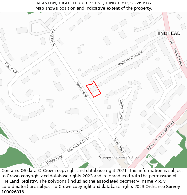 MALVERN, HIGHFIELD CRESCENT, HINDHEAD, GU26 6TG: Location map and indicative extent of plot