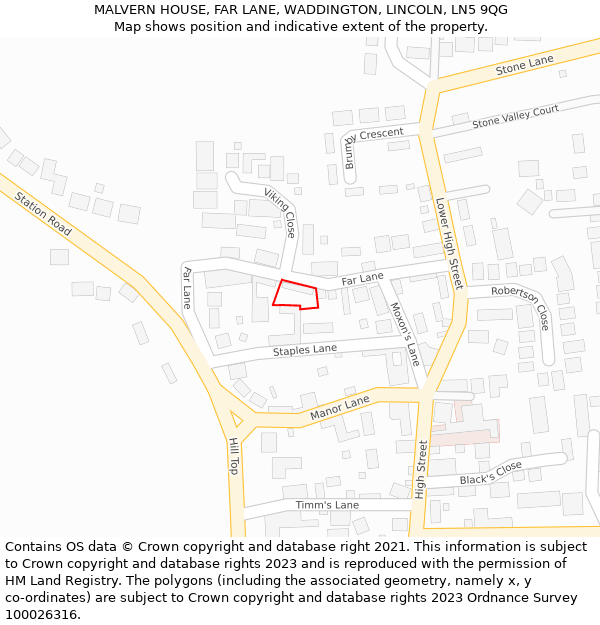 MALVERN HOUSE, FAR LANE, WADDINGTON, LINCOLN, LN5 9QG: Location map and indicative extent of plot