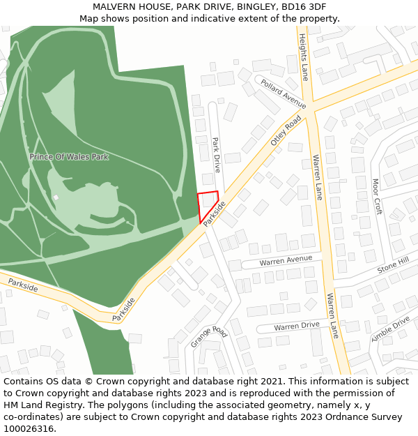 MALVERN HOUSE, PARK DRIVE, BINGLEY, BD16 3DF: Location map and indicative extent of plot