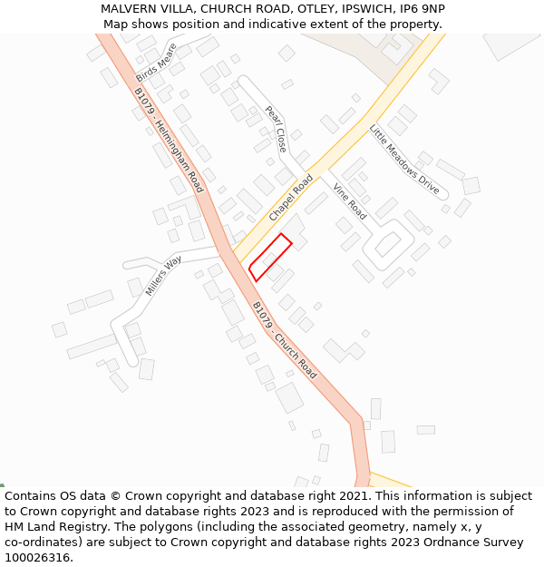 MALVERN VILLA, CHURCH ROAD, OTLEY, IPSWICH, IP6 9NP: Location map and indicative extent of plot