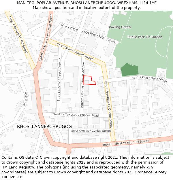 MAN TEG, POPLAR AVENUE, RHOSLLANERCHRUGOG, WREXHAM, LL14 1AE: Location map and indicative extent of plot