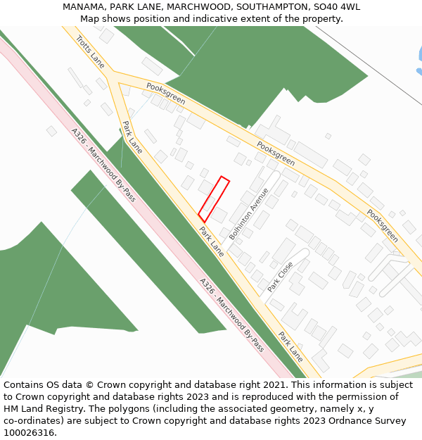 MANAMA, PARK LANE, MARCHWOOD, SOUTHAMPTON, SO40 4WL: Location map and indicative extent of plot