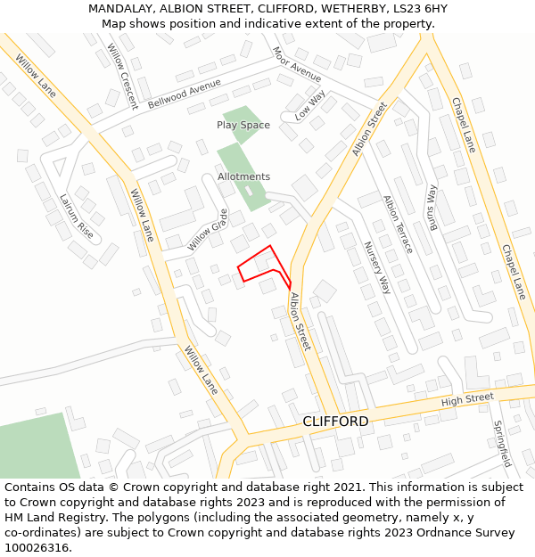 MANDALAY, ALBION STREET, CLIFFORD, WETHERBY, LS23 6HY: Location map and indicative extent of plot