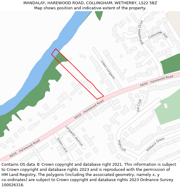 MANDALAY, HAREWOOD ROAD, COLLINGHAM, WETHERBY, LS22 5BZ: Location map and indicative extent of plot