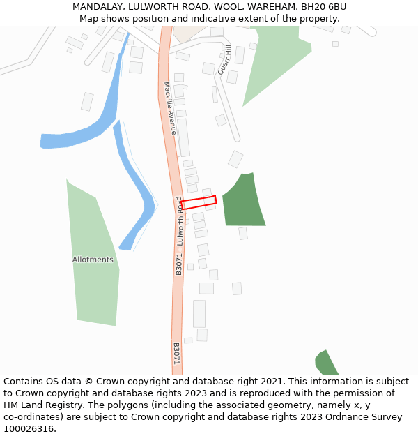 MANDALAY, LULWORTH ROAD, WOOL, WAREHAM, BH20 6BU: Location map and indicative extent of plot