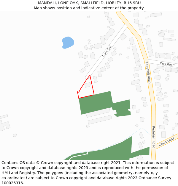 MANDALI, LONE OAK, SMALLFIELD, HORLEY, RH6 9RU: Location map and indicative extent of plot