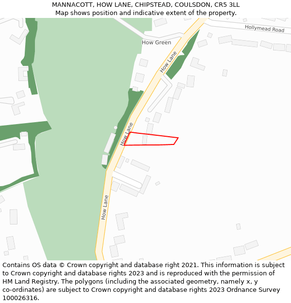 MANNACOTT, HOW LANE, CHIPSTEAD, COULSDON, CR5 3LL: Location map and indicative extent of plot