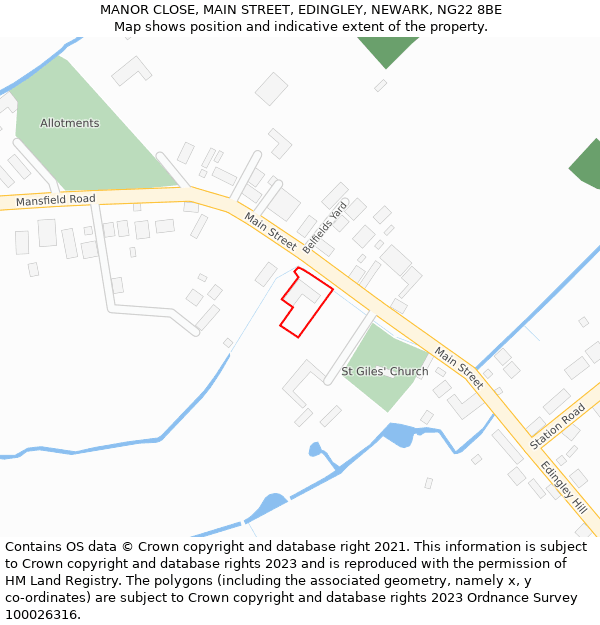 MANOR CLOSE, MAIN STREET, EDINGLEY, NEWARK, NG22 8BE: Location map and indicative extent of plot