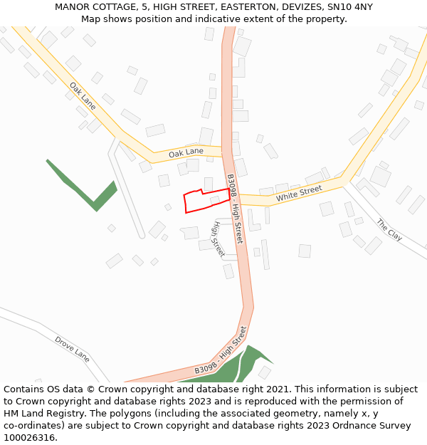 MANOR COTTAGE, 5, HIGH STREET, EASTERTON, DEVIZES, SN10 4NY: Location map and indicative extent of plot