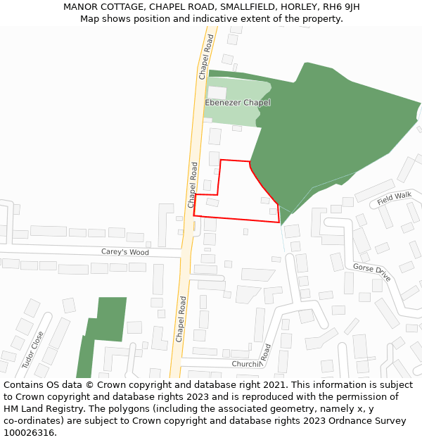 MANOR COTTAGE, CHAPEL ROAD, SMALLFIELD, HORLEY, RH6 9JH: Location map and indicative extent of plot