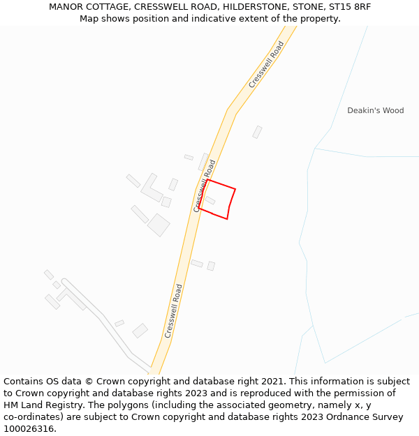 MANOR COTTAGE, CRESSWELL ROAD, HILDERSTONE, STONE, ST15 8RF: Location map and indicative extent of plot