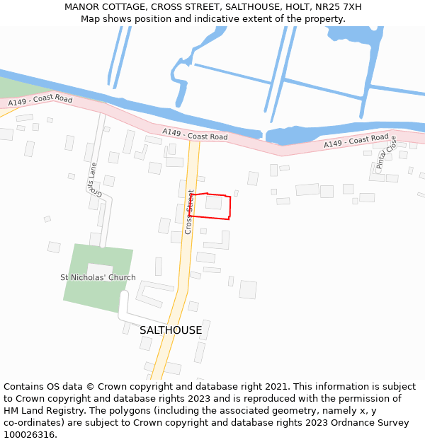 MANOR COTTAGE, CROSS STREET, SALTHOUSE, HOLT, NR25 7XH: Location map and indicative extent of plot