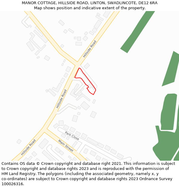 MANOR COTTAGE, HILLSIDE ROAD, LINTON, SWADLINCOTE, DE12 6RA: Location map and indicative extent of plot