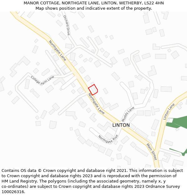 MANOR COTTAGE, NORTHGATE LANE, LINTON, WETHERBY, LS22 4HN: Location map and indicative extent of plot